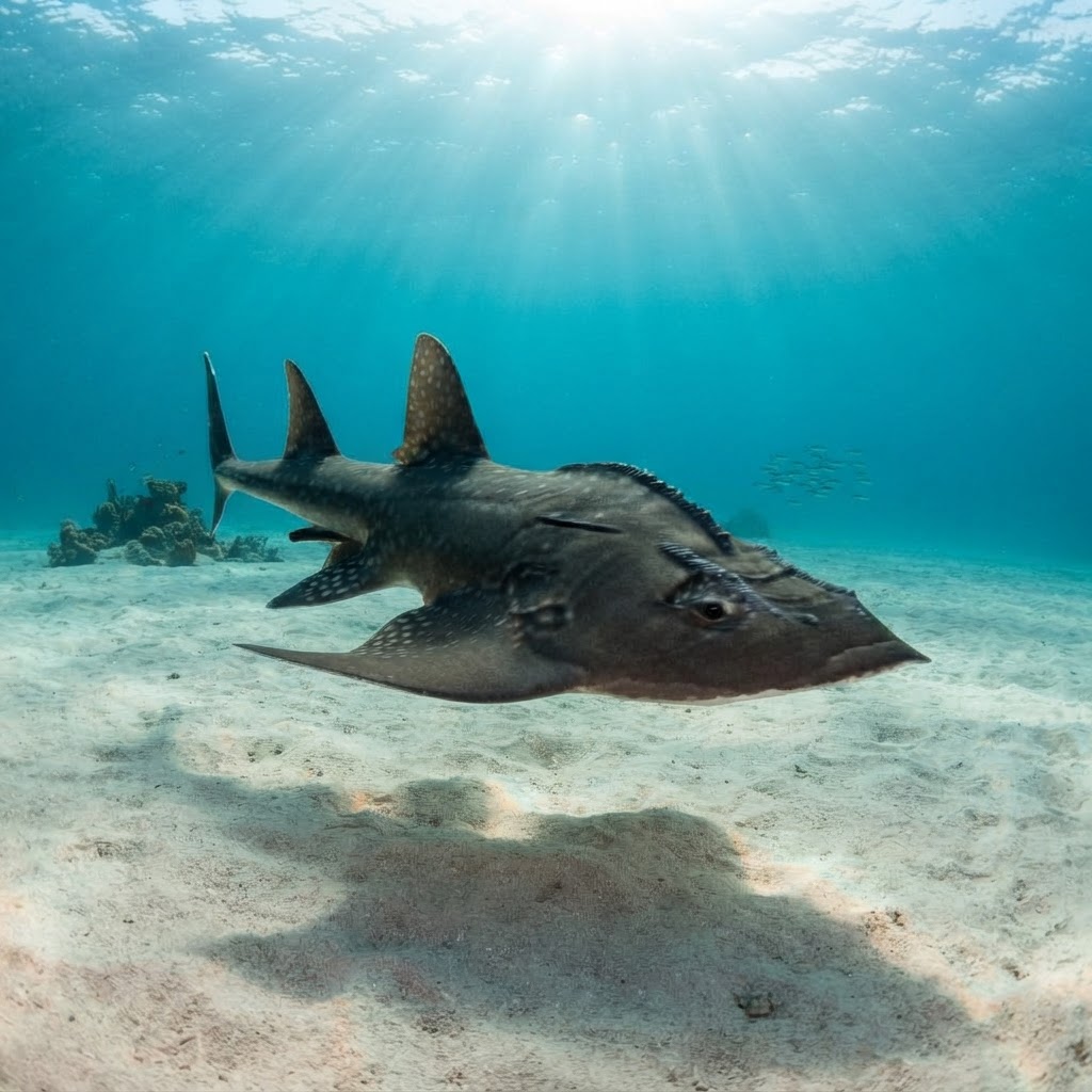 Bowmouth guitarfish with ridged head, dark spots and shark-like dorsal fin resting on a sandy reef bottom.