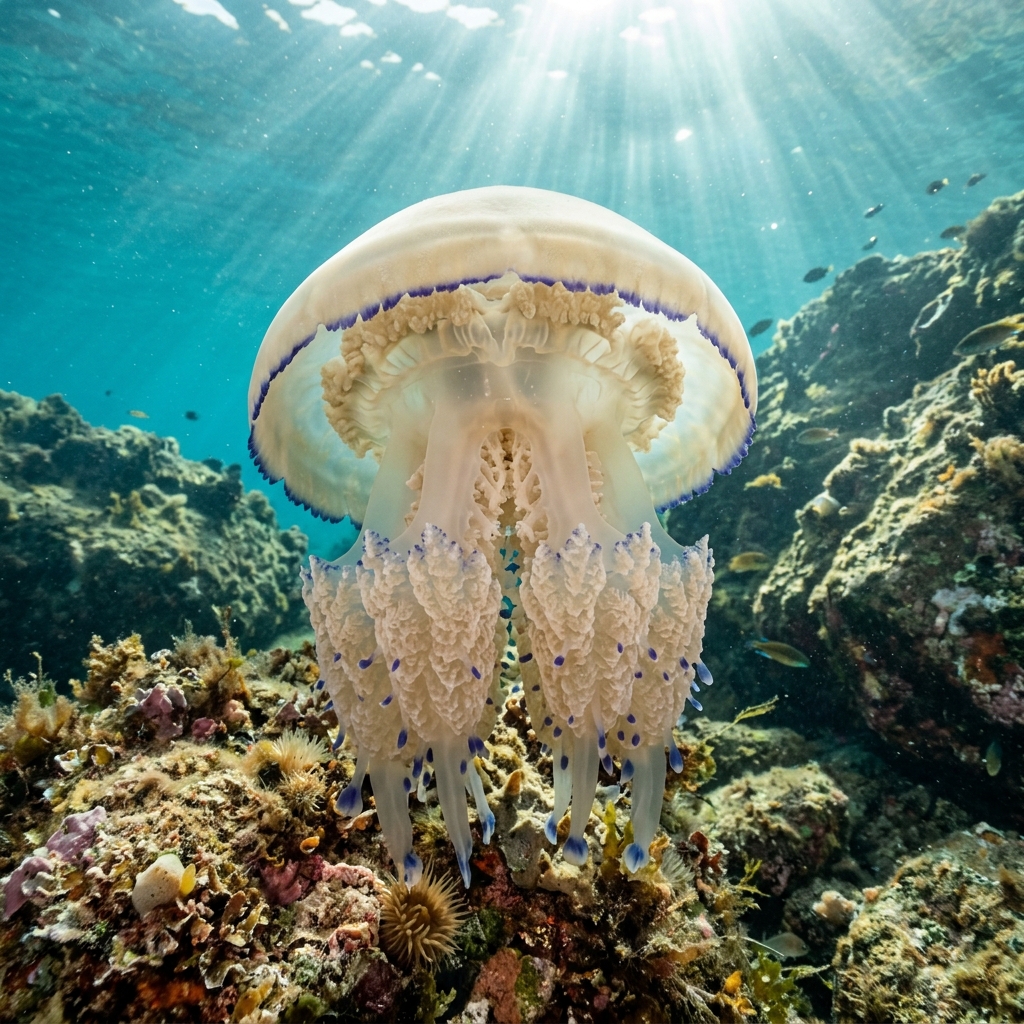 Barrel jellyfish with a pale white, dome-shaped bell and thick, frilled oral arms drifting in open blue water.