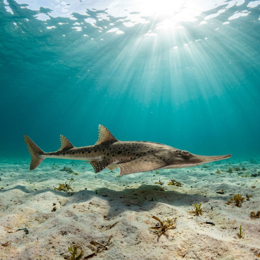 Bottlenose wedgefish with a pointed snout, flattened shark-like body, and mottled grey-brown colouration resting on a sandy seabed.