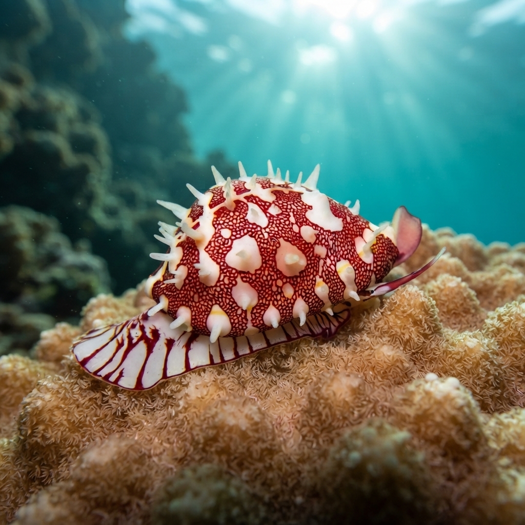 Ridged Egg Cowry snail with a pale ridged shell attached to the branch of a soft coral.