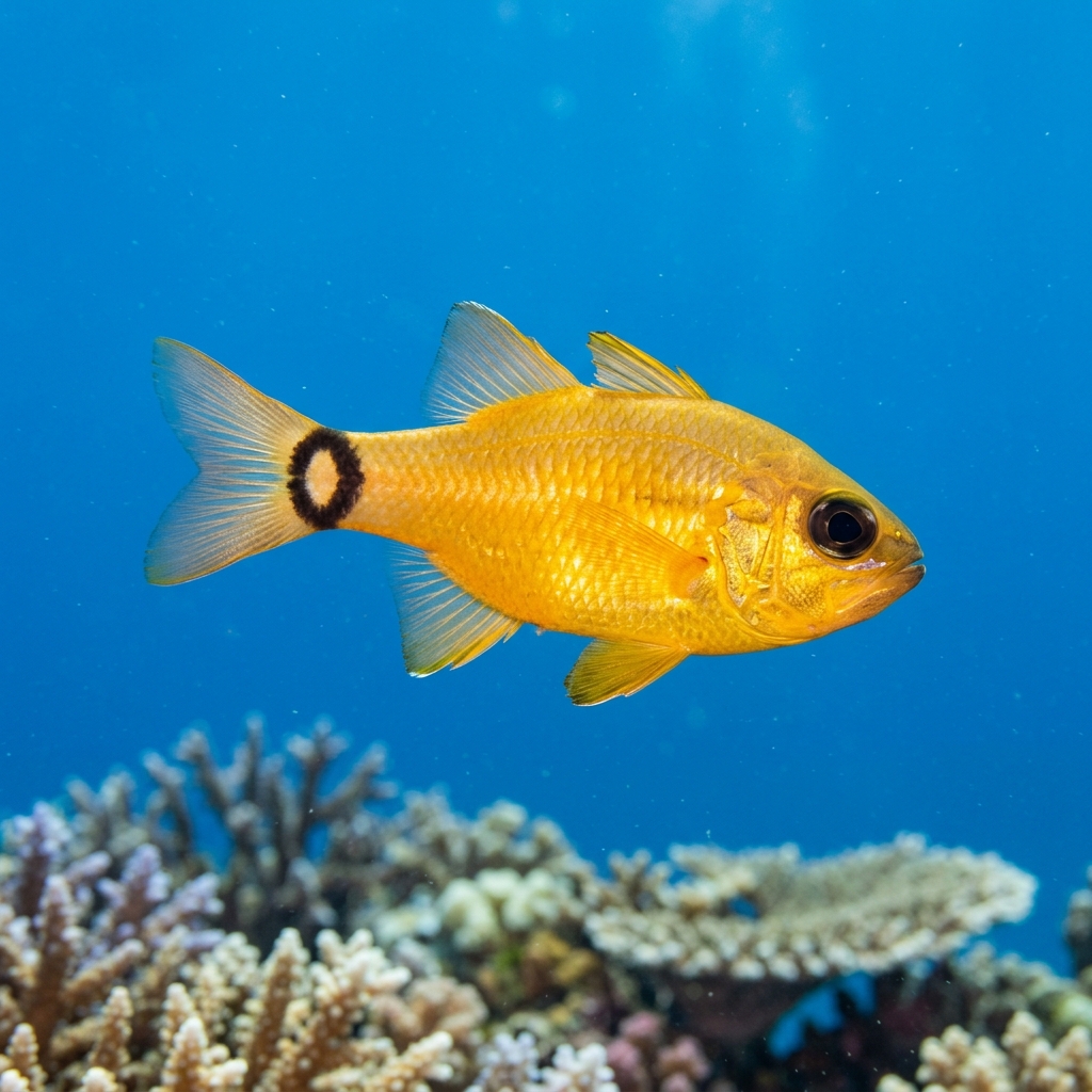 Ringtail Cardinalfish showing a pale body with a dark ring at the tail base, hovering close to coral reef branches.