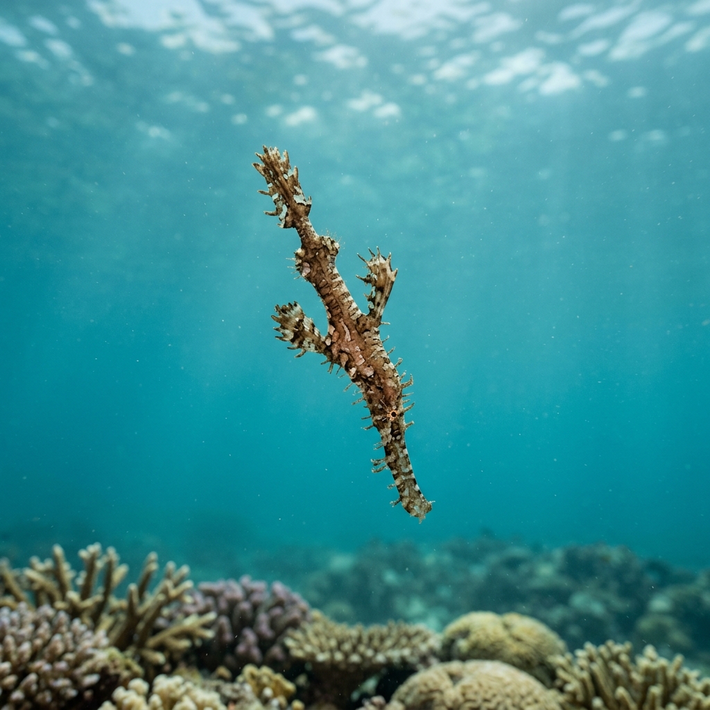 Robust ghost pipefish with mottled green and brown camouflage drifting among seagrass or algae on a shallow tropical reef.