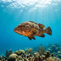 Rock cod with mottled brown and cream patterning resting on a coral reef in clear tropical water.