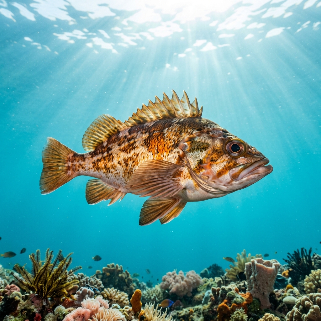 Rockfish (Sebastidae spp.) swimming in its natural underwater habitat