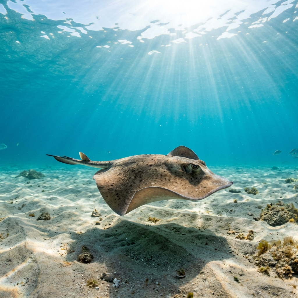 Round stingray resting on a sandy seafloor, showing a rounded disc-shaped body with mottled brownish colouring and a slender tail.
