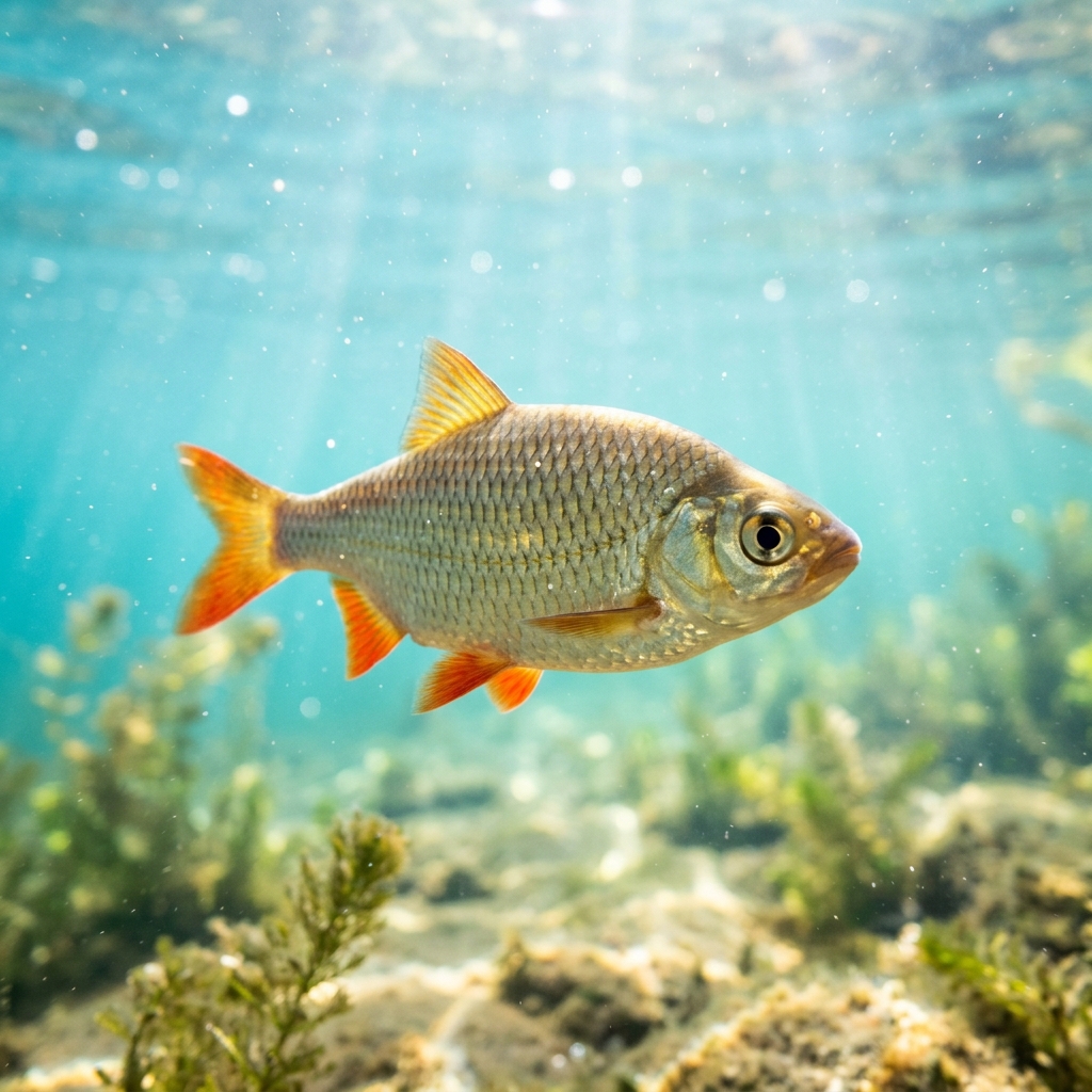 Rudd (Scolopacidae spp.) swimming in its natural underwater habitat