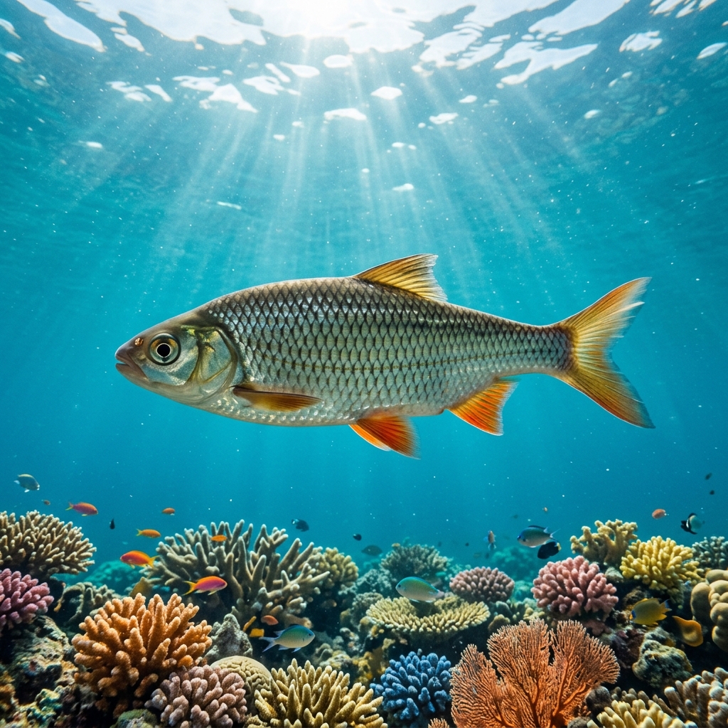 Roach with silvery scales, reddish-orange fins, and a streamlined body swimming in freshwater lake.