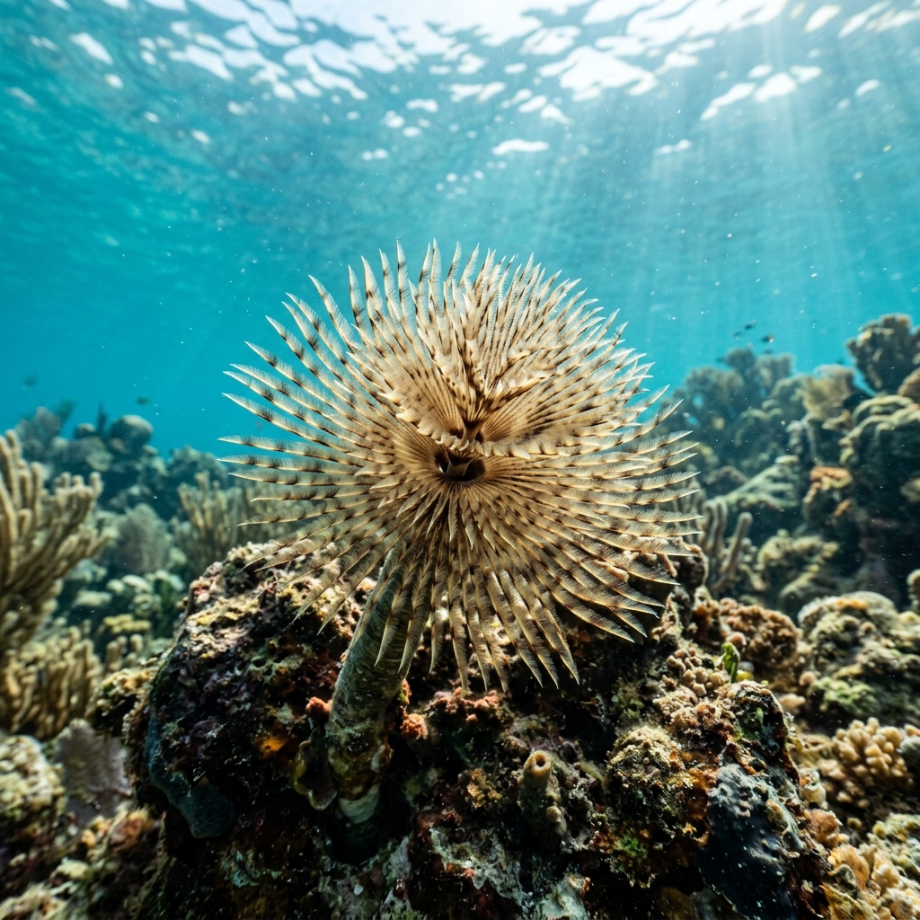 Giant Feather-duster Worm with large circular crown of brown and white banded radioles extended from a sandy tube on a Caribbean coral reef.