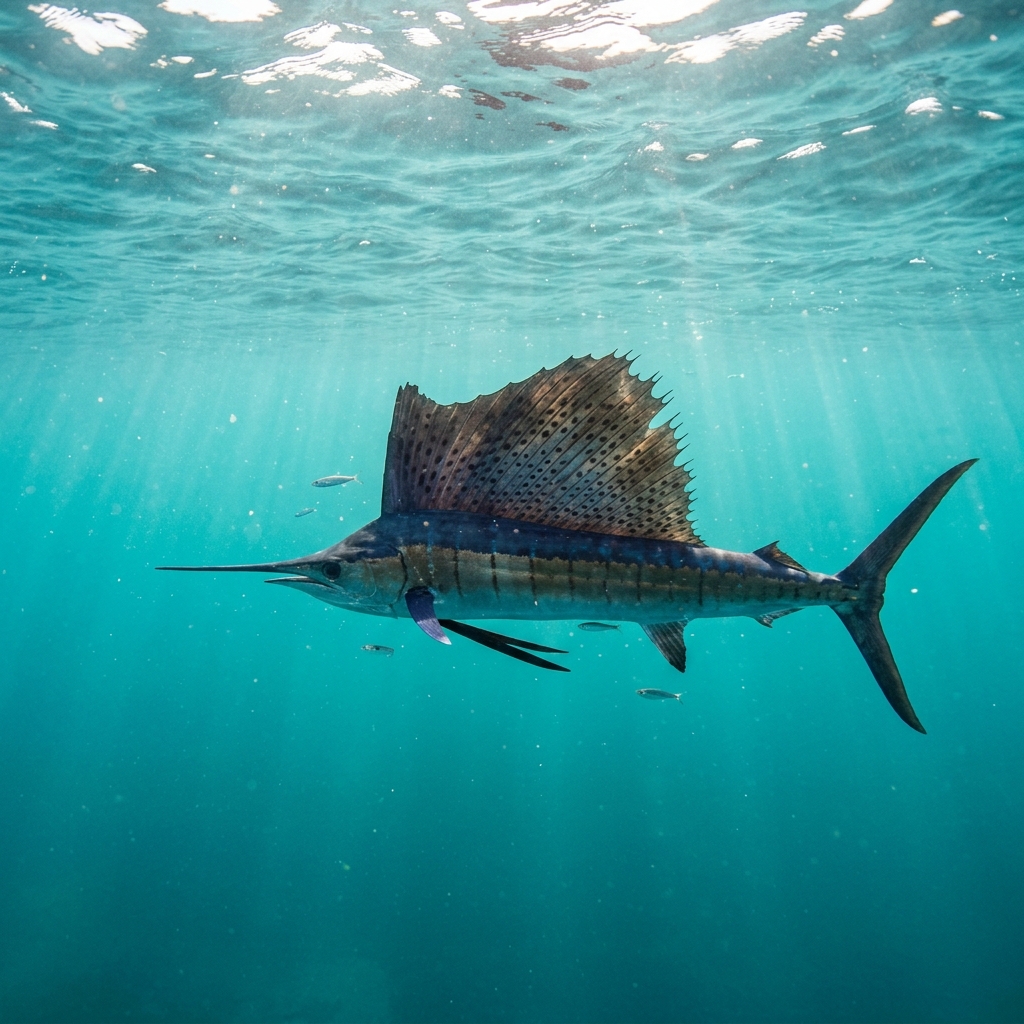 Sailfish (Cetorhinidae spp.) swimming in its natural underwater habitat