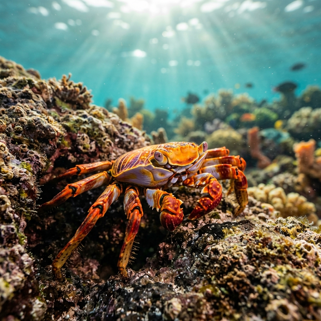 Sally Lightfoot Crab with bright red and orange carapace and spotted legs clinging to dark volcanic rock at the water's edge.