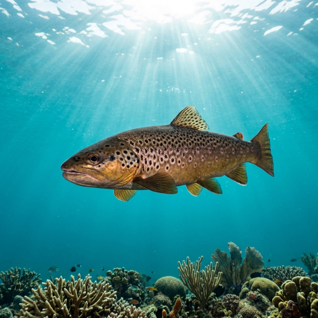 Brown trout with golden-brown flanks, black and red spots ringed with pale halos, swimming near a freshwater rocky substrate.
