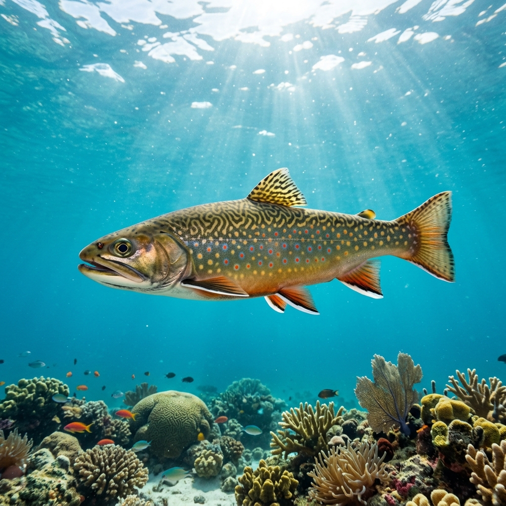 Brook Charr with orange and red spots on a dark olive-green body, photographed in shallow freshwater.