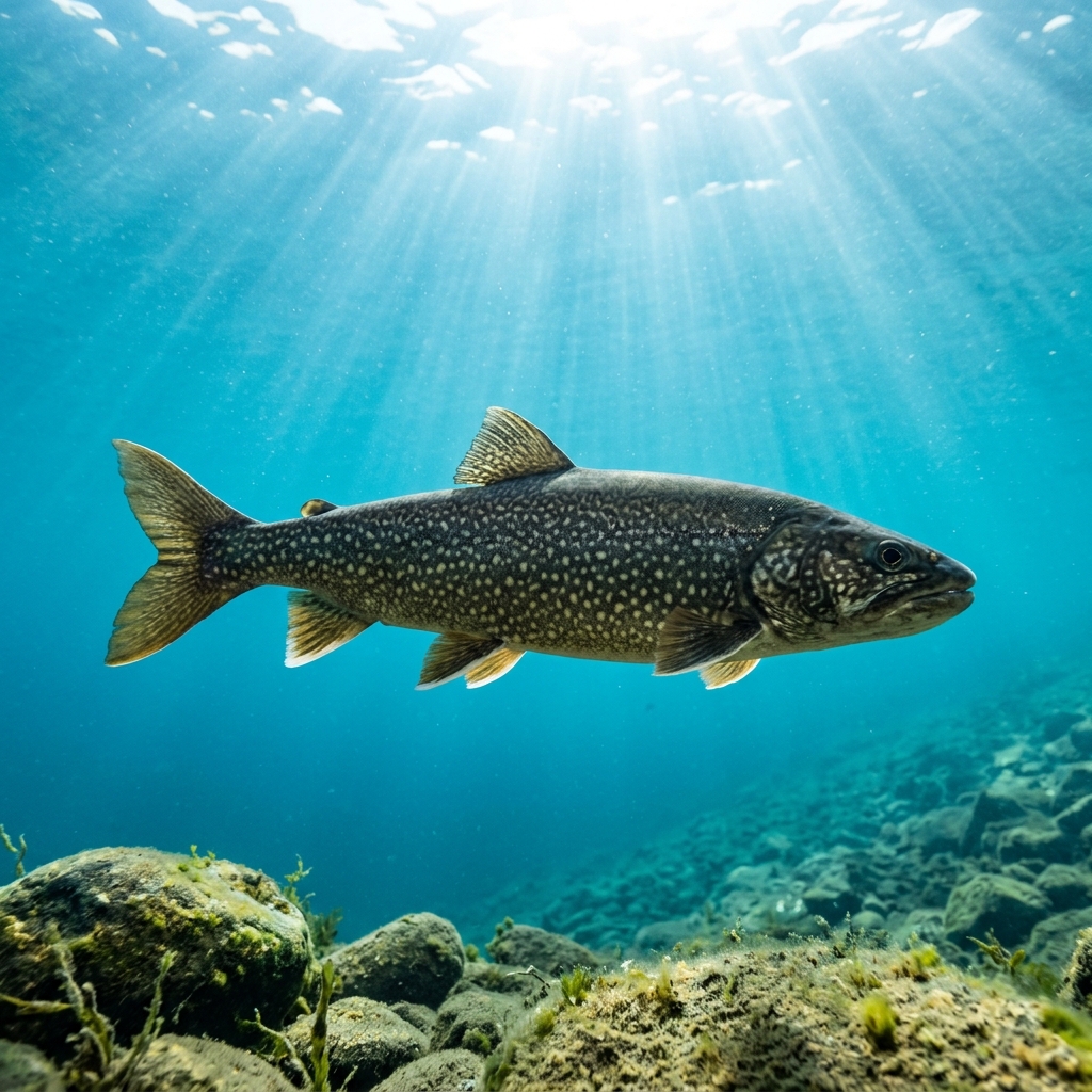 Lake trout with pale yellow-green spots on a dark grey-green body, swimming in a cold freshwater lake.