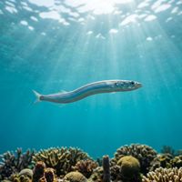 Sand eel school, slender silver fish with pale bellies, swimming in tight formation over a sandy seabed.