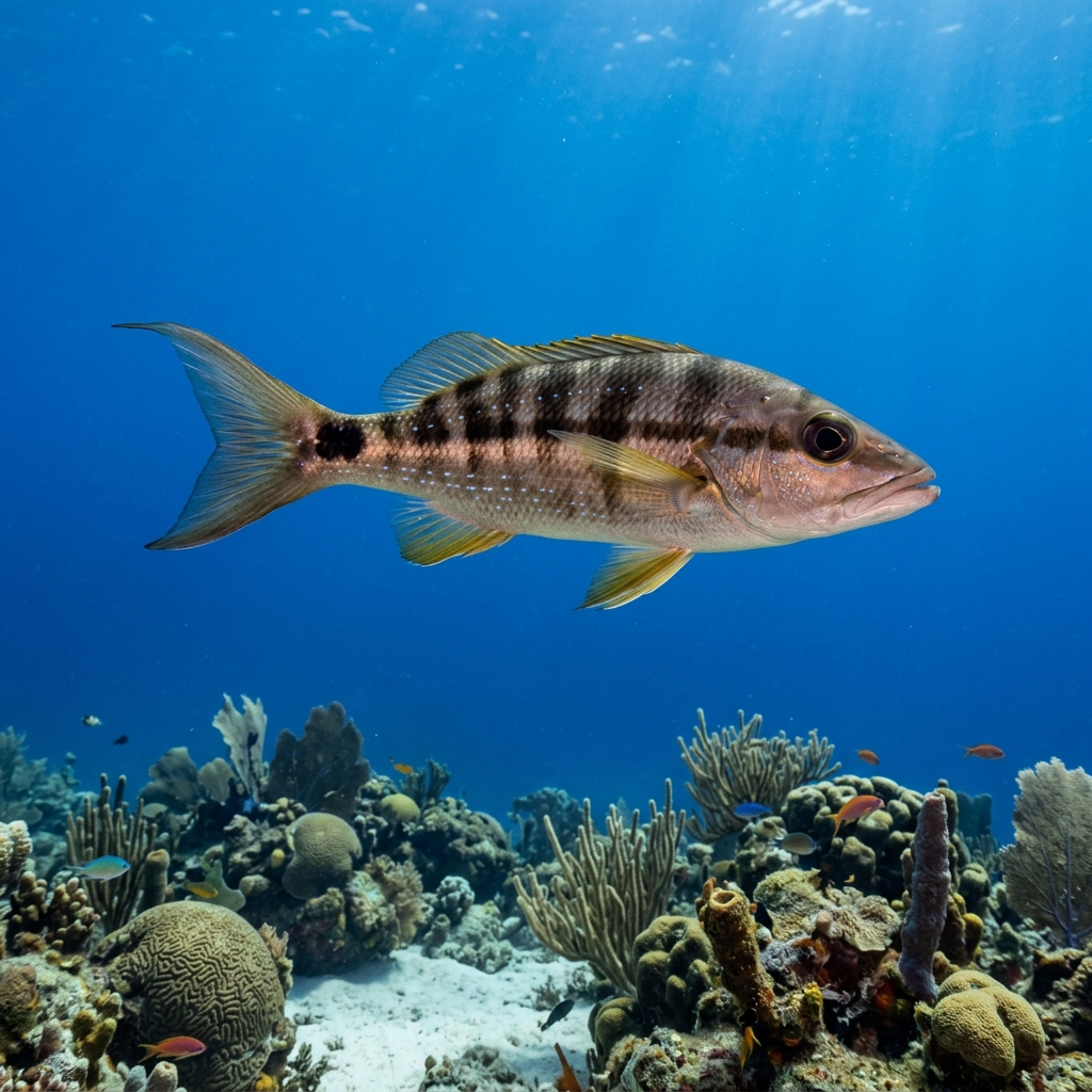 Sand Perch (Diplectrum formosum) swimming in its natural underwater habitat