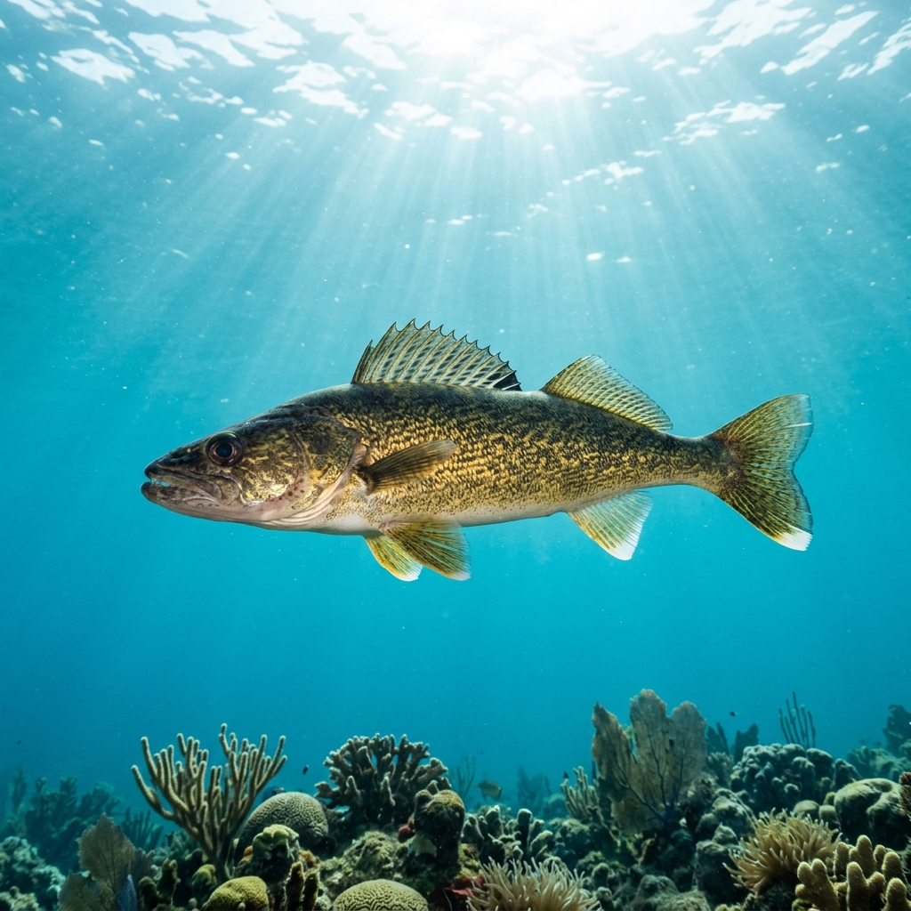 Walleye with olive-gold flanks, glassy reflective eyes, and spiny dorsal fin hovering near a freshwater lakebed.