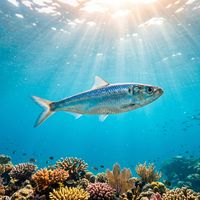 Sardine school of small silver fish with metallic flanks and streamlined bodies swimming in open blue water.