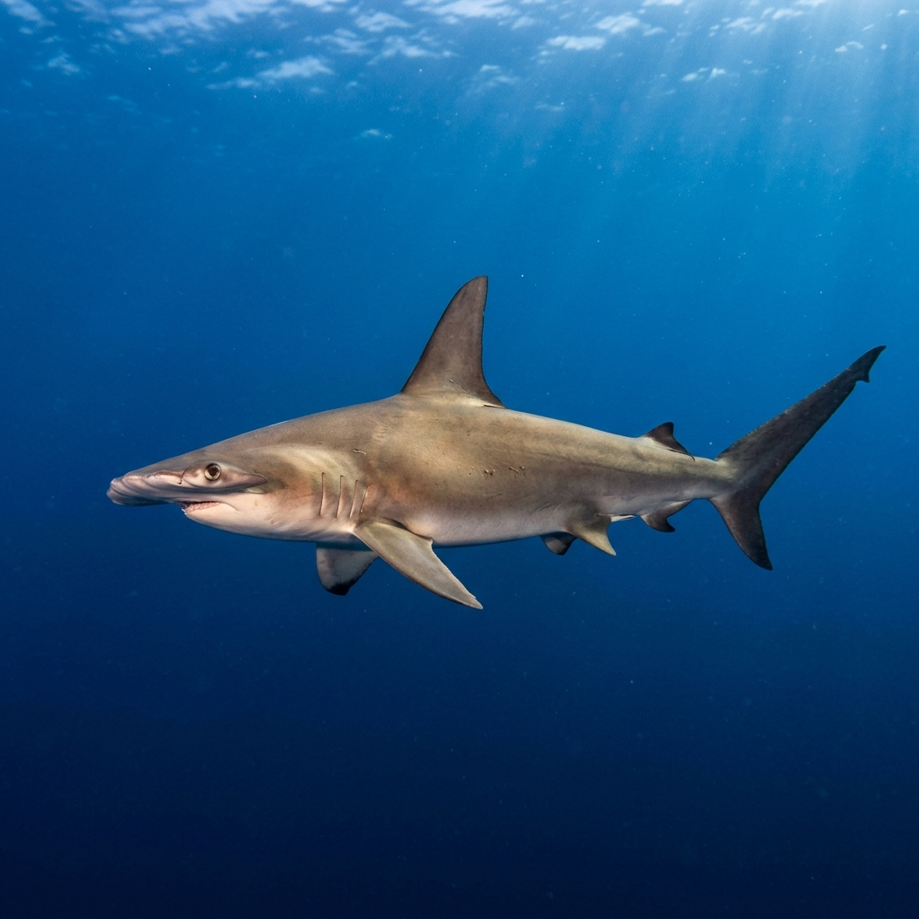 Scalloped hammerhead shark with distinctive scalloped front edge on its wide flat head swimming in open blue water.