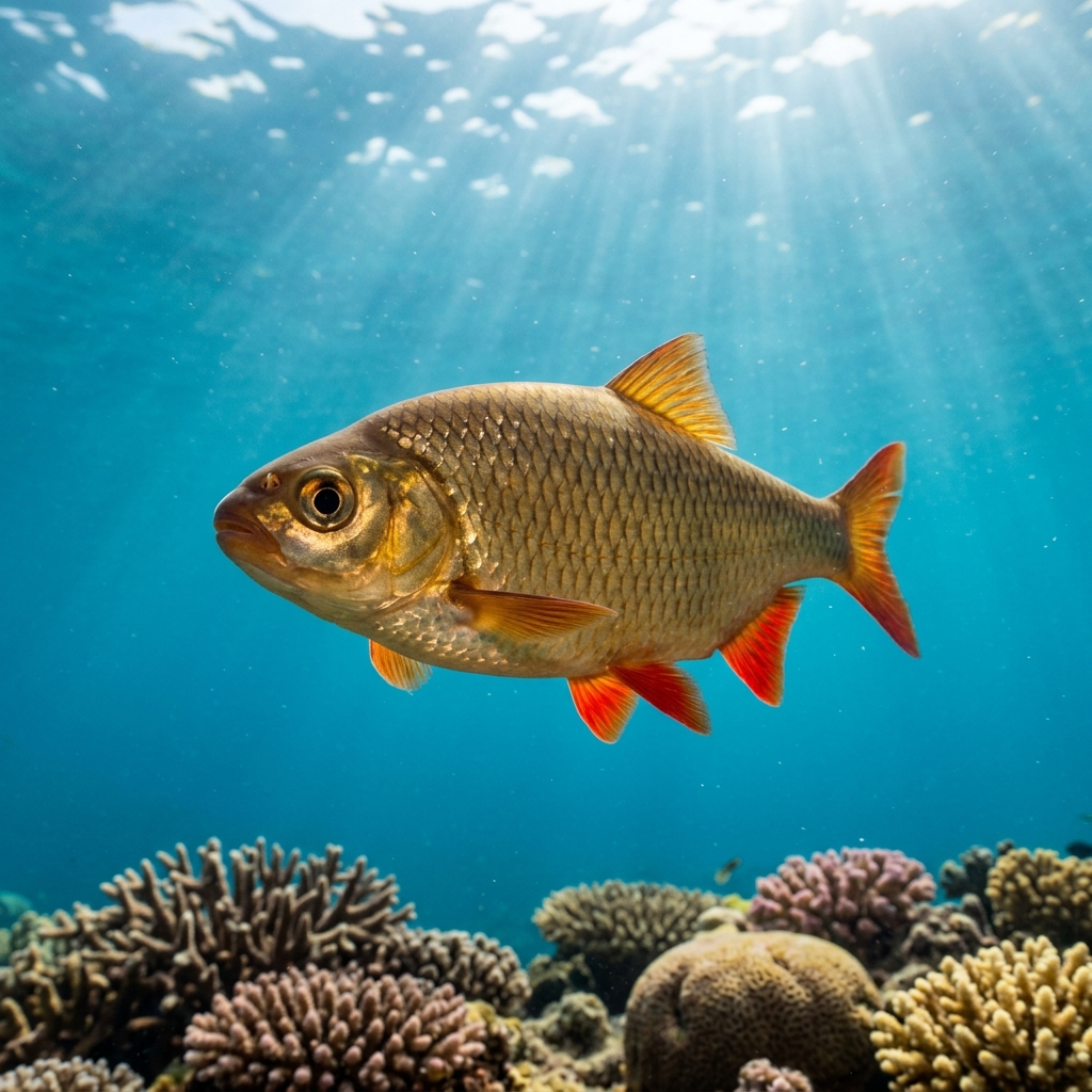 Rudd with golden-olive flanks, reddish-orange fins, and a silvery belly swimming in freshwater lake vegetation.