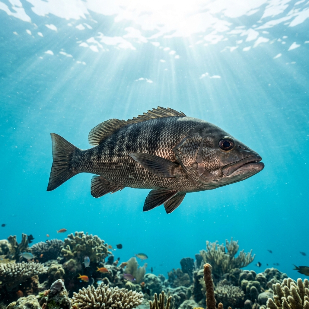 Sea Bass (Serranidae spp.) swimming in its natural underwater habitat