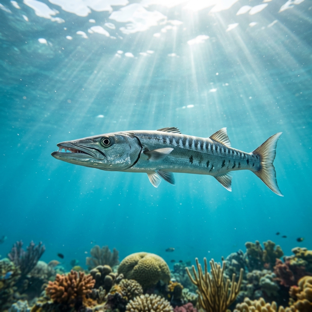 Sea Pike (Sphyraena sphyraena) swimming in its natural underwater habitat