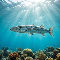 Sea pike, a long silver fish with a pointed snout and streamlined body, swimming in open blue water.