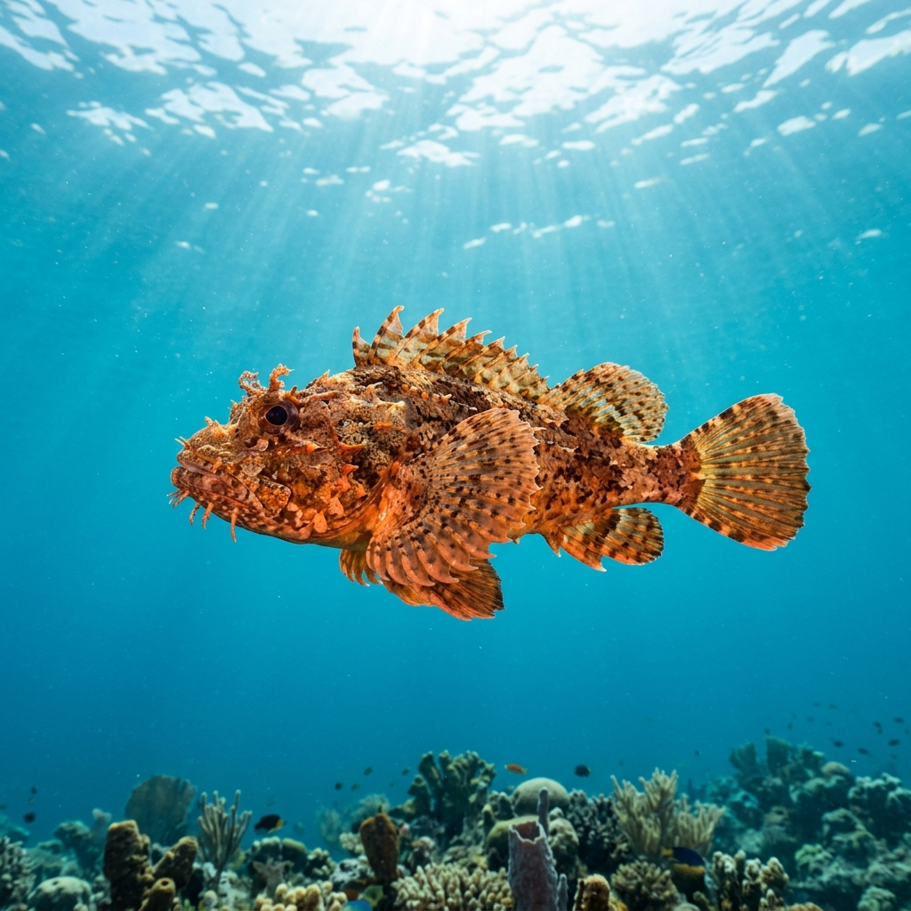 Sea Raven (Hemitripteridae spp.) swimming in its natural underwater habitat