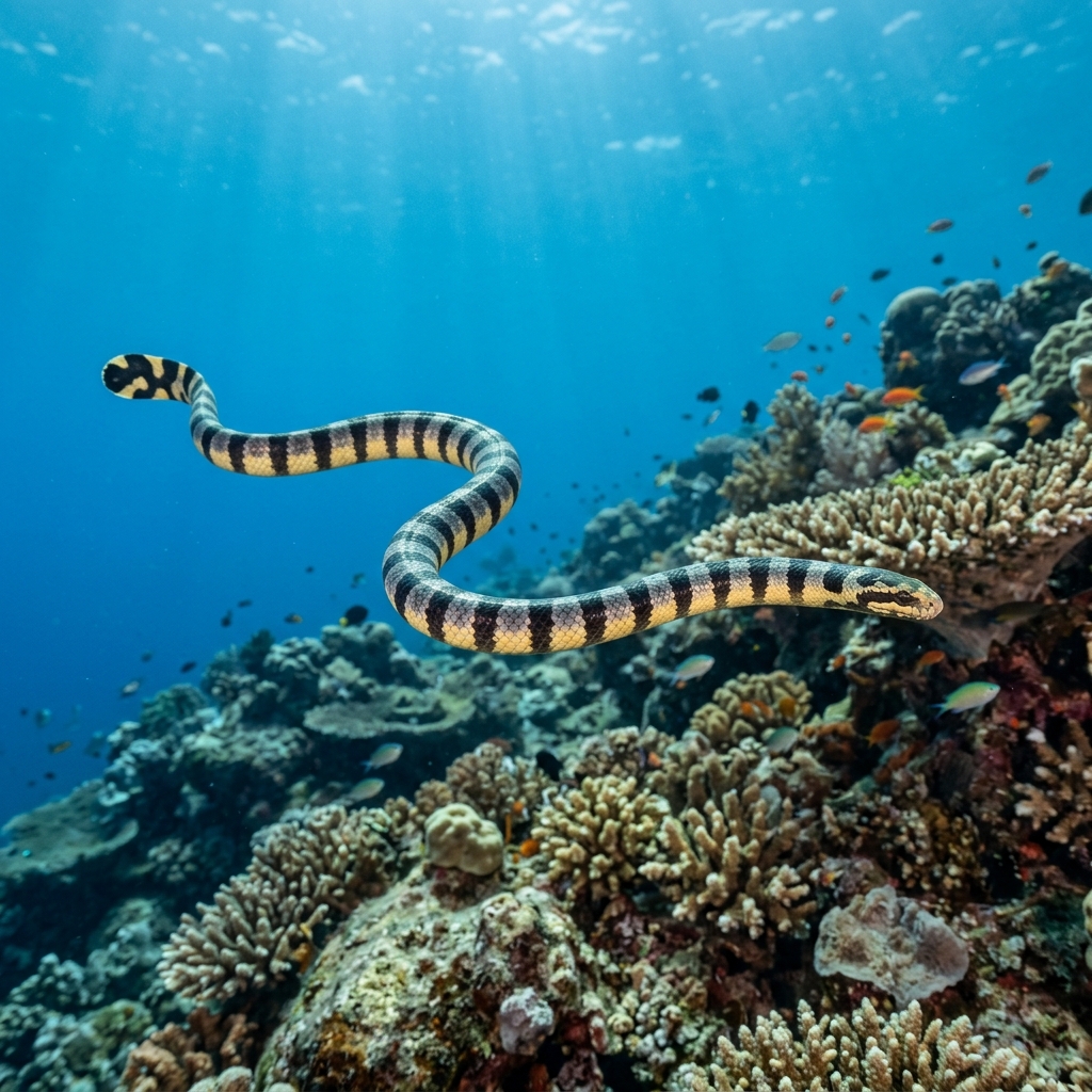 Sea Snake (Hydrophiinae spp.) swimming through warm coastal waters