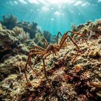 Sea spider with long spindly legs and a tiny body clinging to a rocky reef surface in cold, green water.