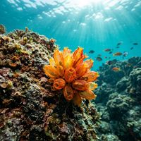 Sea squirt colony of translucent tubular animals with visible siphon openings attached to a rocky reef.