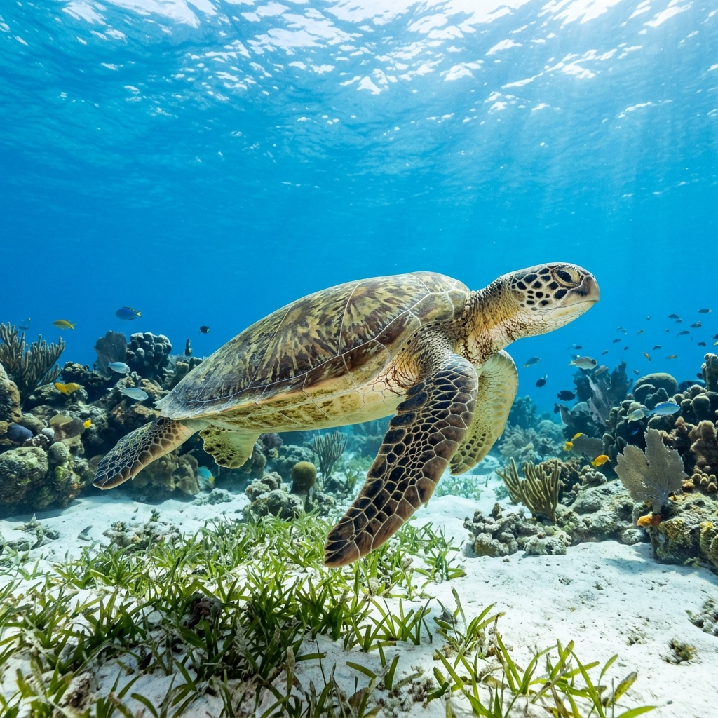 Sea Turtle (Cheloniidae spp.) swimming through clear tropical waters