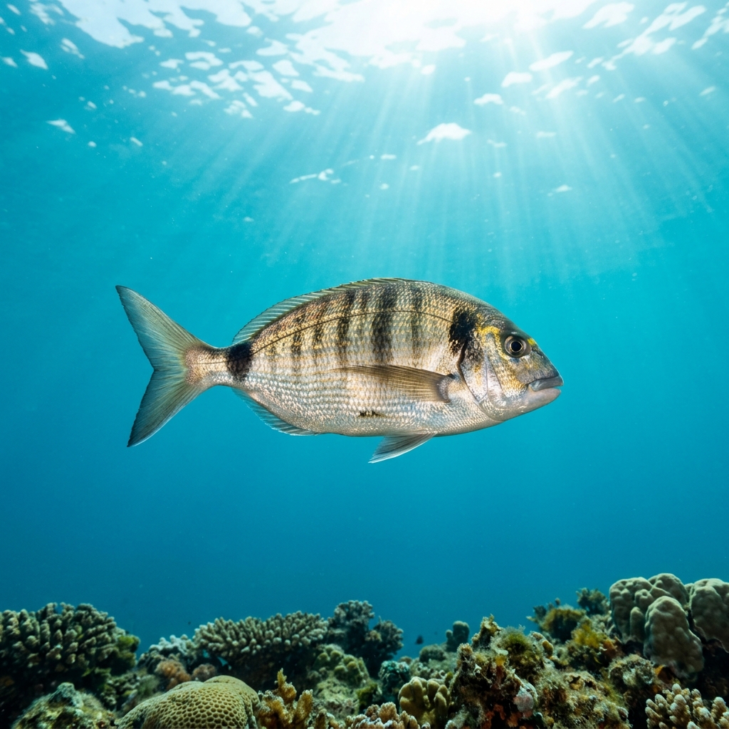 Seabream (Sparidae spp.) swimming in its natural underwater habitat