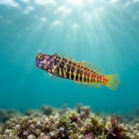 Adult segmented blenny with a mottled brown body perched on encrusted reef rock.
