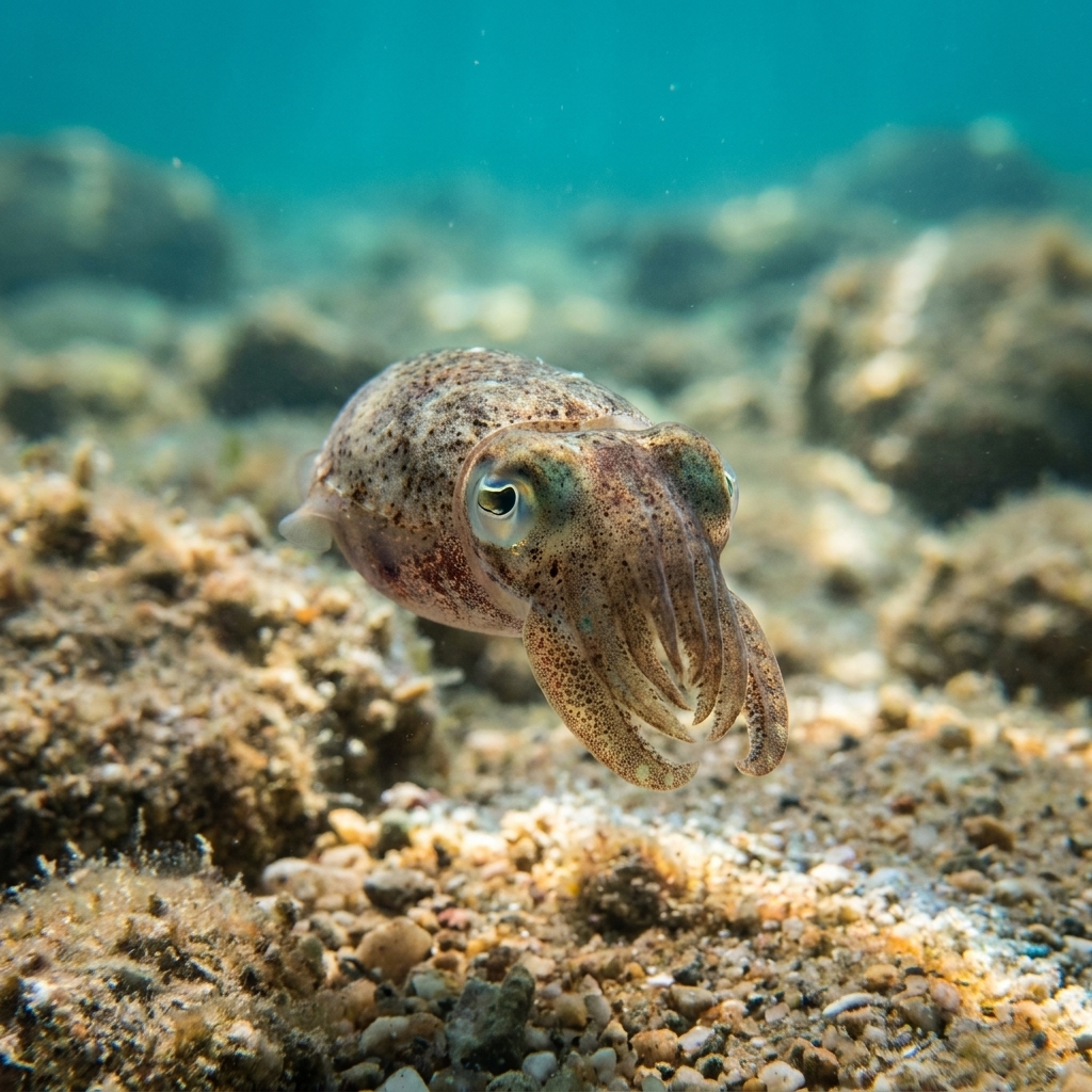 Sepiola bobtail cuttlefish, a tiny rounded cephalopod with mottled brown and cream colouring, resting on a sandy seabed.