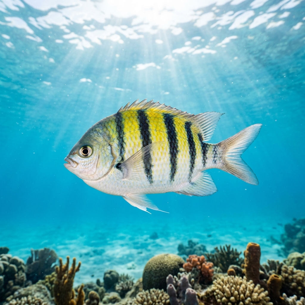 Sergeant Major (Abudefduf spp.) swimming in its natural underwater habitat