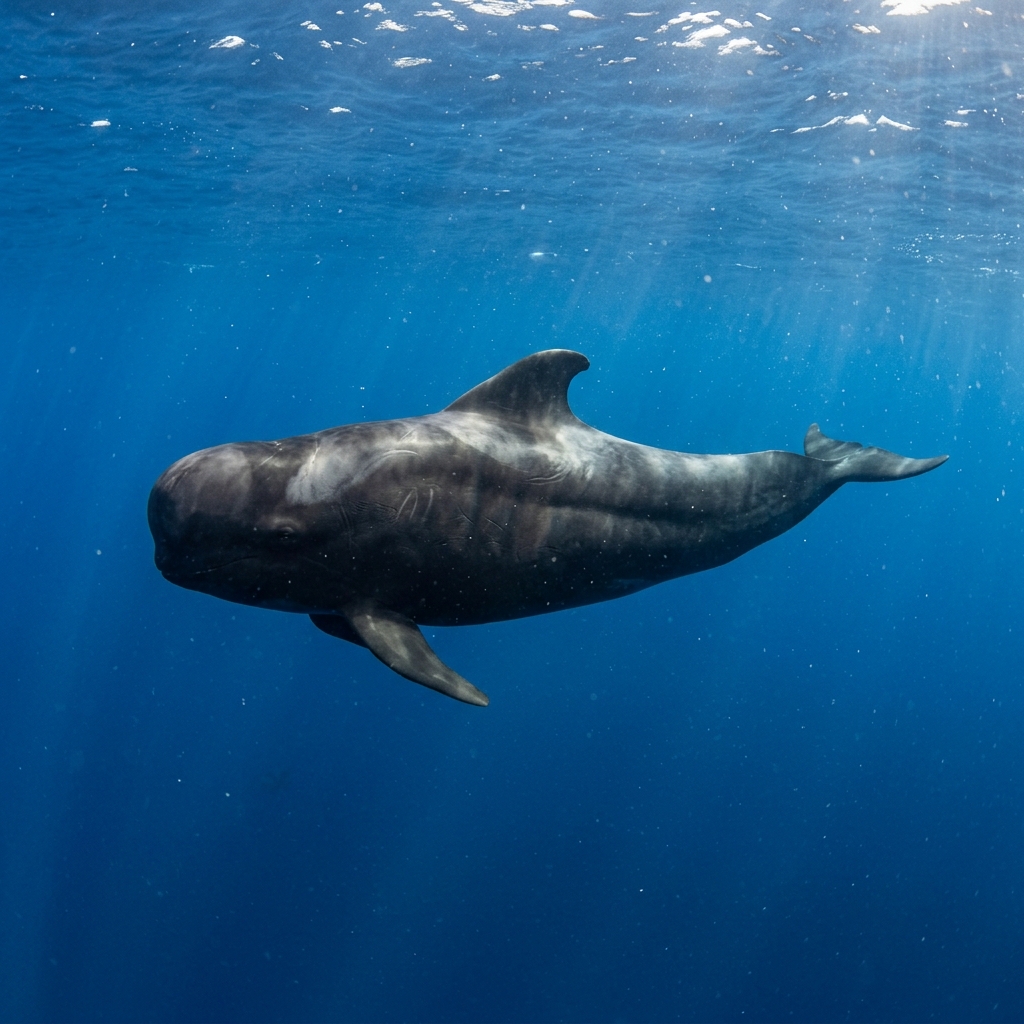 Short-finned pilot whale, dark grey-black with a bulging rounded melon and stocky body, swimming in open blue water.