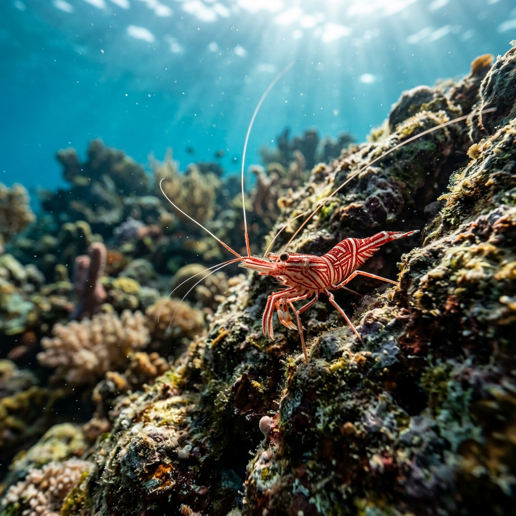 Shrimp (Caridea spp.) on a coral reef