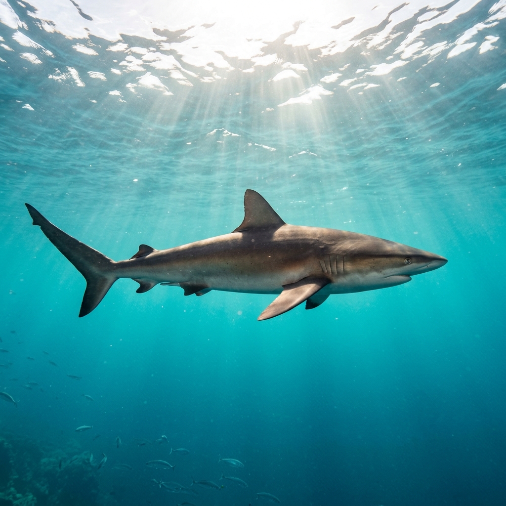 Silky Shark (Carcharhinidae spp.) cruising through the ocean