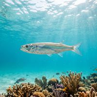 Silverside fish forming a dense, silvery school in open blue water near a reef.