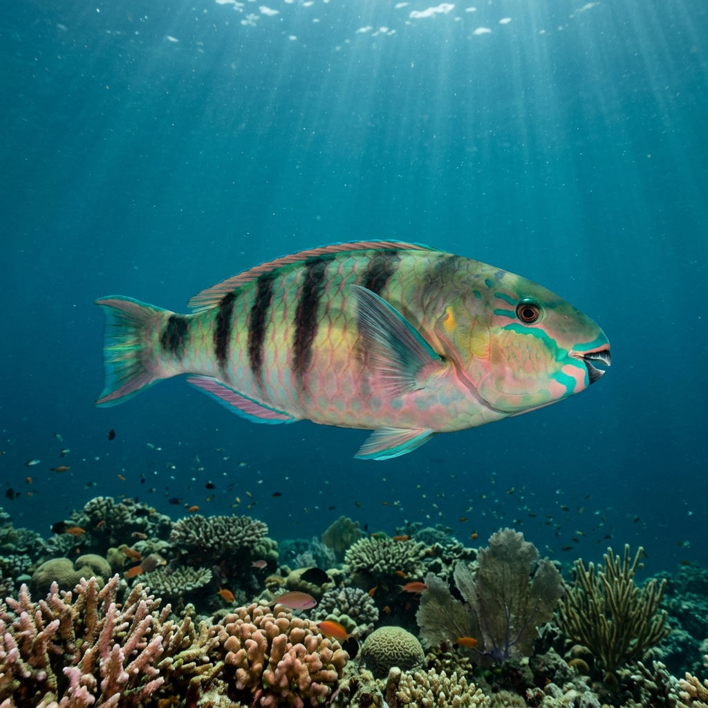 Sixband Parrotfish (Scarus frenatus) swimming in its natural underwater habitat