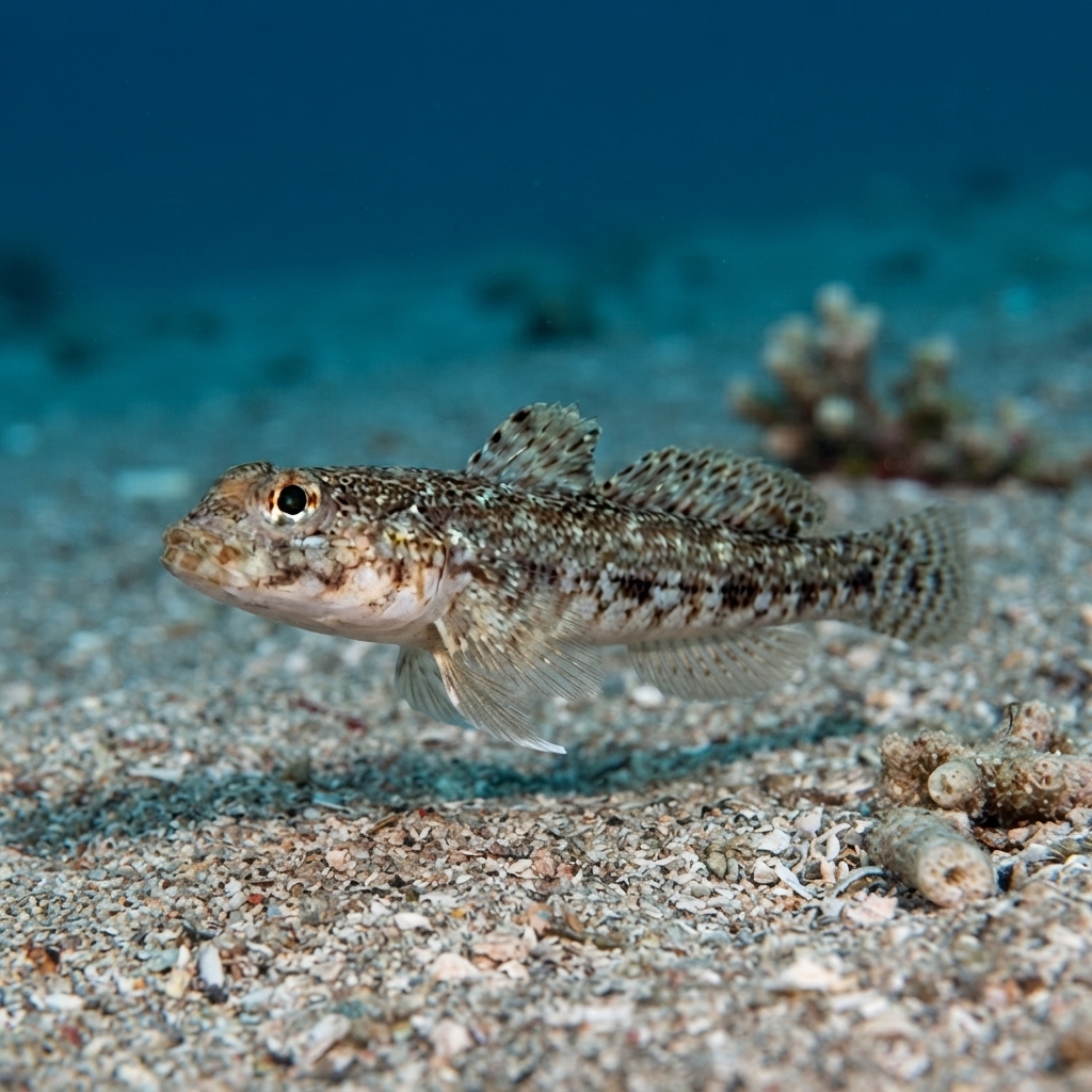 Slender goby resting on rocky Mediterranean seabed, slim pale body with faint mottling near sand and stones.