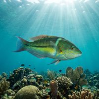 Slippery dick wrasse with a dark horizontal stripe along a greenish body swimming over a shallow Caribbean coral reef.