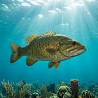 Smallmouth bass with olive-green body, dark lateral bars, and red eyes hovering near a rocky freshwater lakebed.