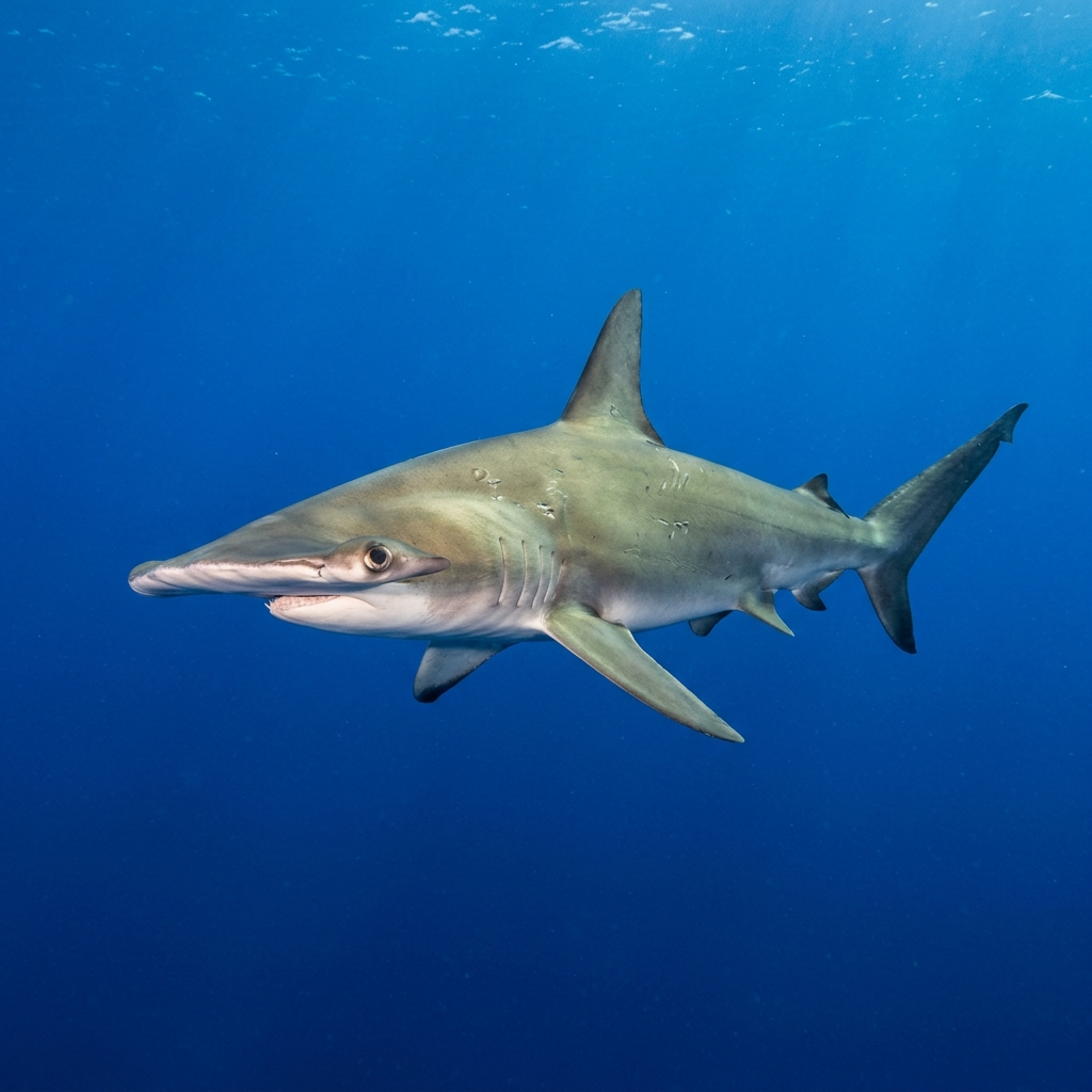 Smooth hammerhead shark with a wide, smooth-edged cephalofoil swimming in open blue water, viewed from slightly below.