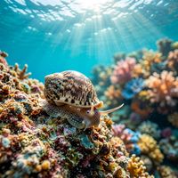 Snail with a coiled shell and soft extended foot crawling across a rocky reef substrate underwater.
