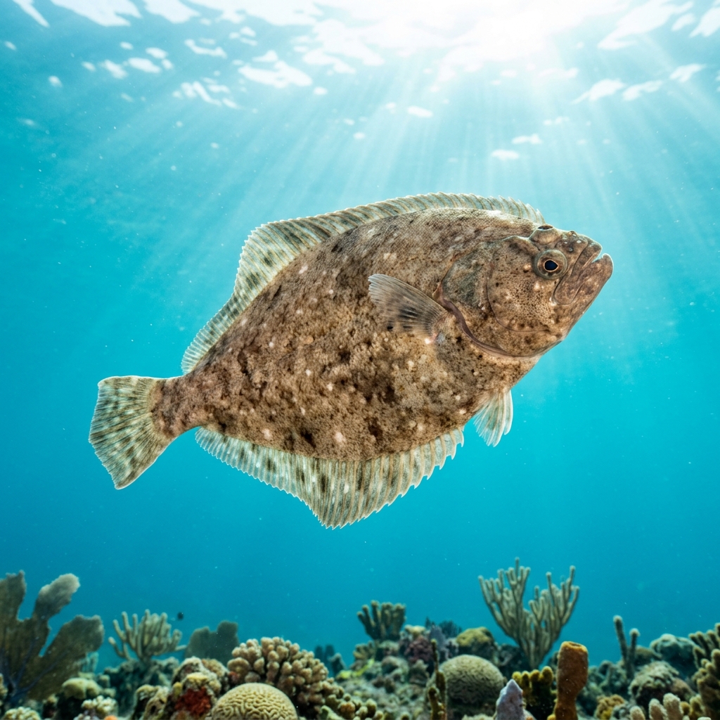 Sole (Achiridae spp.) swimming in its natural underwater habitat