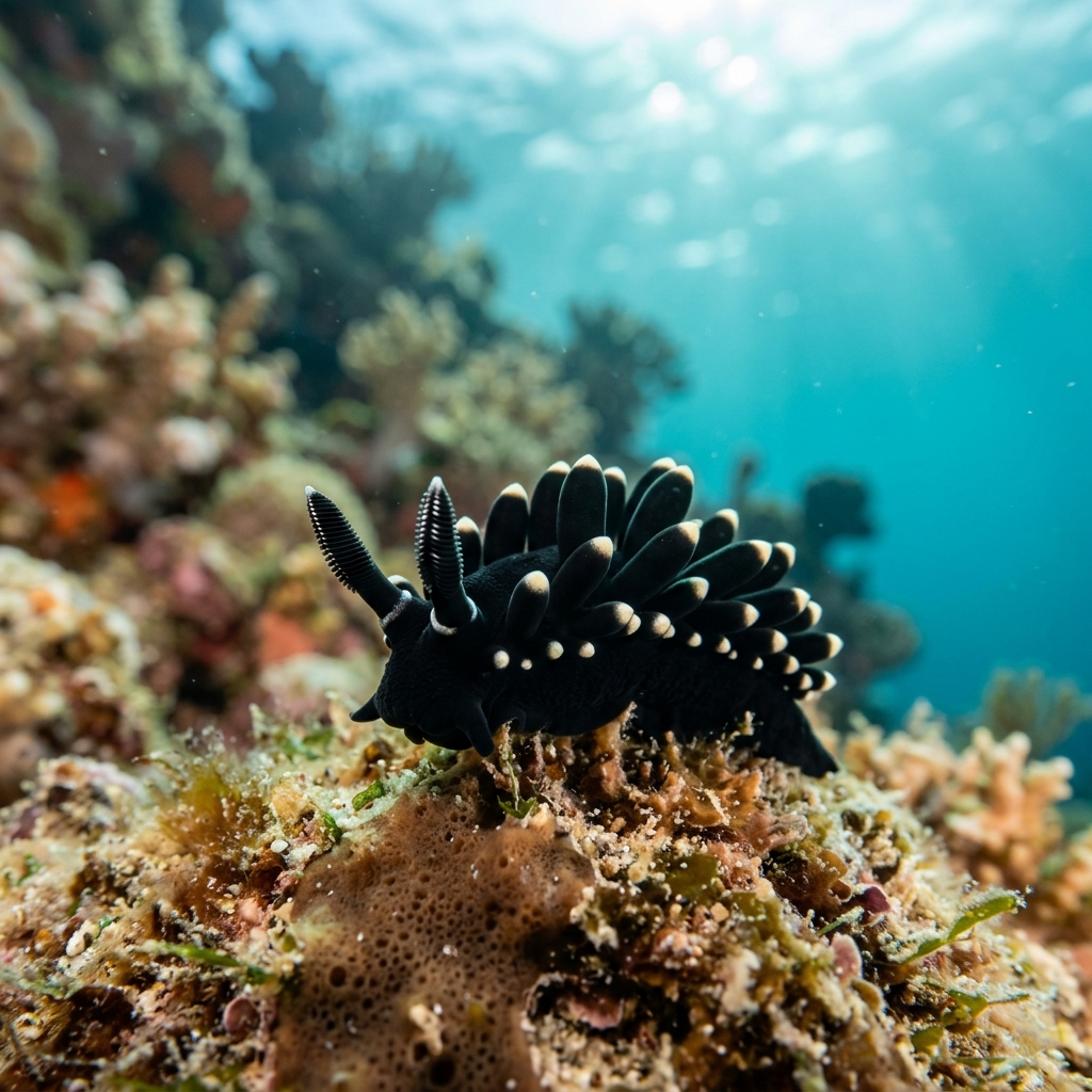 Sorcerer's Dorid (Polycera atra) on the ocean floor
