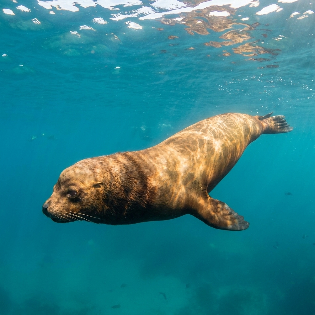 South American sea lion, a large brown pinniped with a thick mane, swimming underwater near a rocky reef.