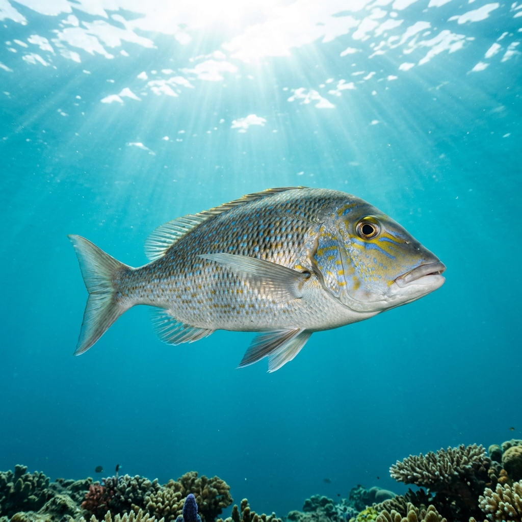 Spangled Emperor (Lethrinidae spp.) swimming in its natural underwater habitat