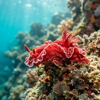 Spanish Dancer nudibranch with vivid red and orange ruffled mantle edges crawling across a tropical coral reef at night.